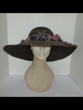 Vintage 1950s Dilly Brown Straw Wide Brim Cartwheel Sun Hat Trimmed w/Flowers